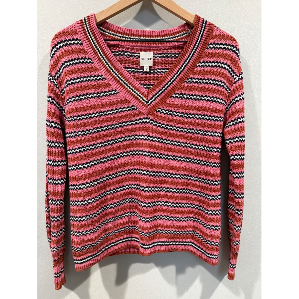 NIC+ZOE V Neck Sweater Size S Island Sunset Pink Knit Long Sleeve‎ Pullover